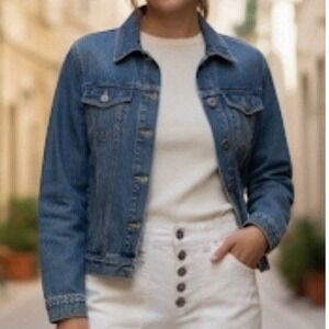 LL Bean Womens XL Blue Denim Trucker Jean Jacket Stripe Trim Inside Collar